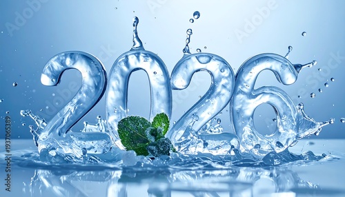 '2026' sculpted in ice, water splashing around ice cubes, accented with mint leaves against a cool blue backdrop