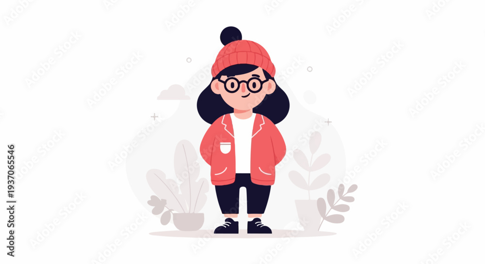 Fototapeta premium A stylized young person wearing a hat, glasses, and a jacket stands among plants