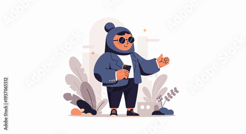 Stylized person in blue blazer, hijab, and sunglasses holds phone, gestures welcomingly