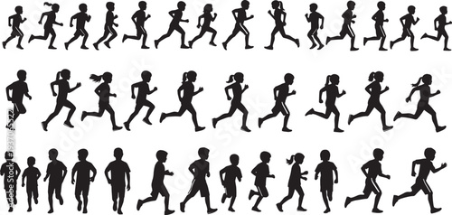 Silhouettes of people running and jogging in various poses and actions across the frame