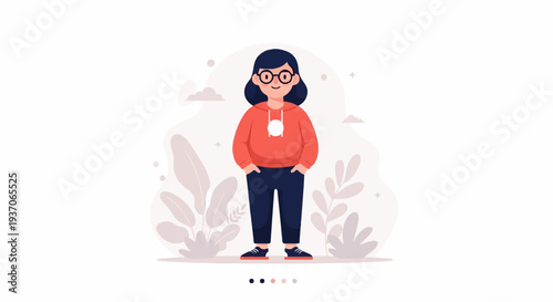 Young person with glasses and casual attire, standing with hands in pockets amidst decorative foliage