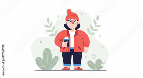 Cheerful character in winter attire holding a beverage, surrounded by abstract foliage