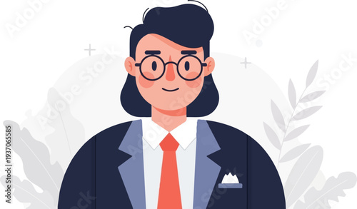 Professional individual with glasses and a red tie, dressed in a suit, amid subtle leafy accents