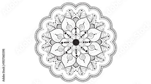 Mandala intricate black and white pattern with floral elements and swirl designs, Zentangle art style