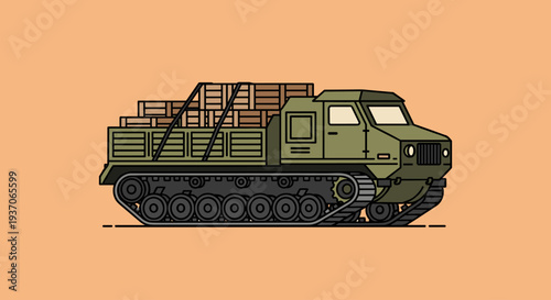 Military Green Tank Vehicle Illustration Side View.