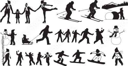Skiers in various poses and actions on the slopes, showcasing different skiing techniques and styles in a winter sports setting