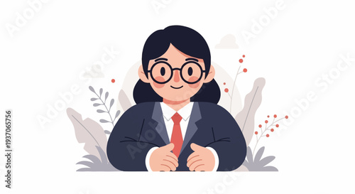 Professional woman in a suit with glasses, surrounded by foliage