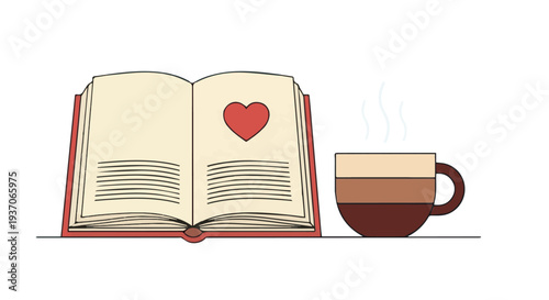 An open book with a heart and coffee cup symbolizes cozy reading time, love for literature, and relaxing study moments at home