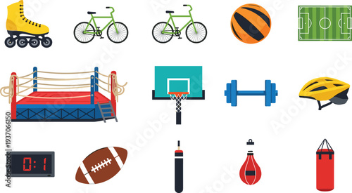Sports Equipment Icon Set with Bicycle Roller Skate Basketball Boxing Ring Football Helmet Dumbbell and Fitness Training Vector Illustration.