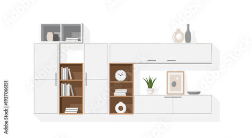 Modern white wall unit with wooden shelves displaying books and decor.