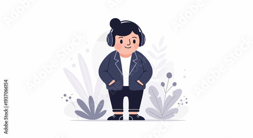A person wearing headphones and a jacket stands amongst abstract plants