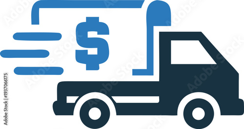 Fast delivery truck carrying a dollar symbol suggests speedy financial transport and service