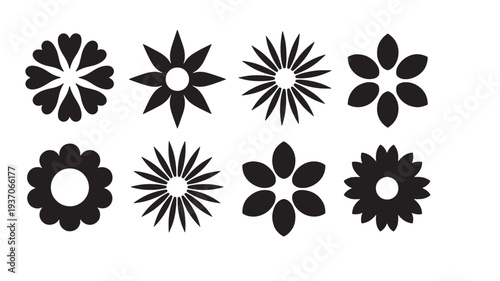 Flowers abstract graphic icons set with varied petal shapes and circular centers, black silhouette. featuring flower, icon, white with design and