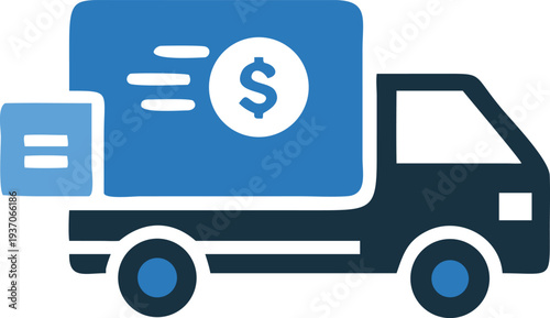Blue truck icon features dollar sign, representing money shipment and financial logistics