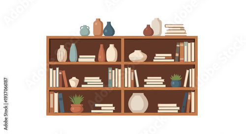 Brown wooden bookcase filled with books, colorful vases, and potted plants.