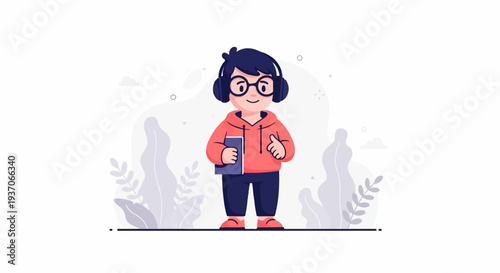 A person with headphones holds a book and gives a thumbs-up, amidst minimalist foliage
