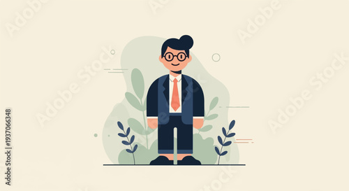 A stylized businessman with glasses and an orange tie stands amidst abstract foliage