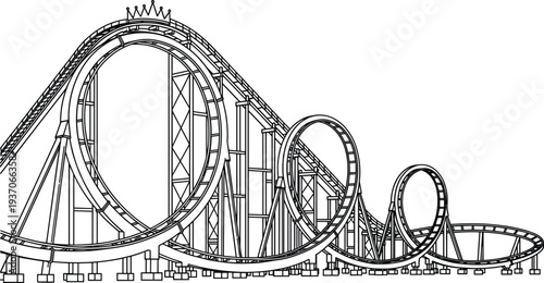Black and white line illustration of a large roller coaster track with multiple loops and steep drops for amusement park.