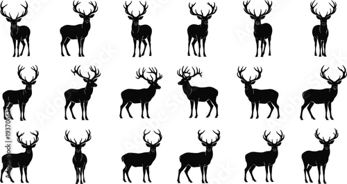 Black deer and stag silhouette collection with large antlers, wild animal shapes set isolated on white background for nature design.
