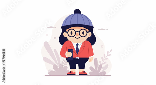 Cheerful person in a hat, glasses, and suit holding a phone