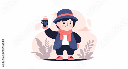 Cheerful character in winter attire holding a warm mug amidst soft botanical shapes