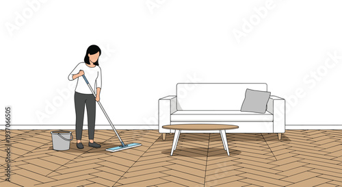A woman mops a herringbone wooden floor in a minimalist living room.
