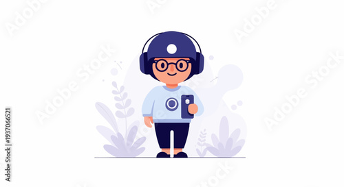 Stylized cartoon character with headphones and phone