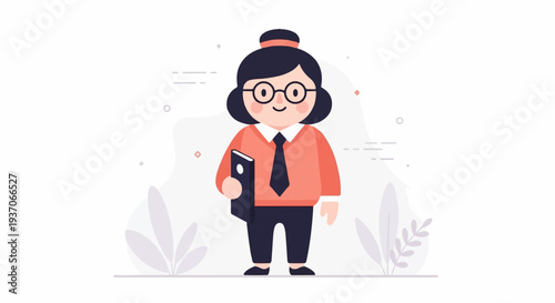 A cartoon of a woman in business attire, holding a book and smiling