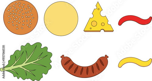 Flat vector illustration of burger and hot dog ingredients including bun, cheese, lettuce, sausage, ketchup and mustard on white background.