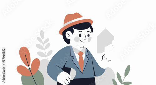 A man in a hat and suit holds a grey object, surrounded by stylized plants