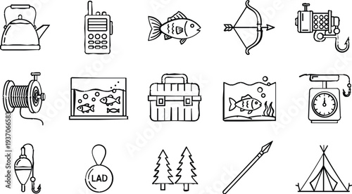 Fishing Equipment Outline Icon Set Vector Collection of Angling Tools, Fish, Bow, Hook, Tackle Box and Outdoor Camping Symbols