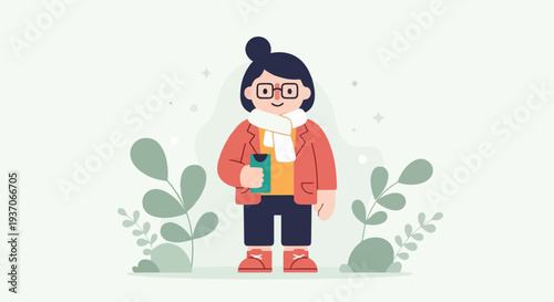 Stylized illustration of a cheerful person with a bun hairstyle, glasses, and warm clothing, holding a phone