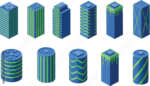 Isometric modern city skyscraper and building collection, blue and green architectural office tower set, isolated on white background for design.