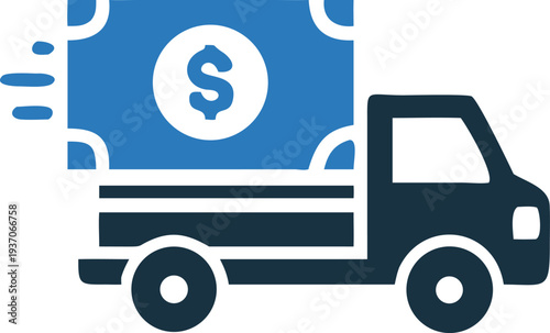 The blue delivery truck carries a dollar bill, indicating fast, secure money transport