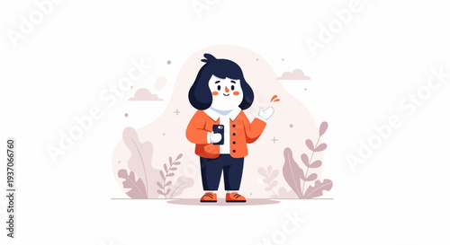 Cheerful character holding a phone with a gentle wave amidst abstract flora