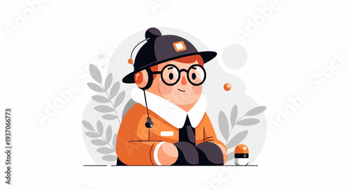 Whimsical character with headphones and glasses, near plants