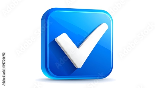 A 3D rendered image features a blue square button with a white check mark on a white background