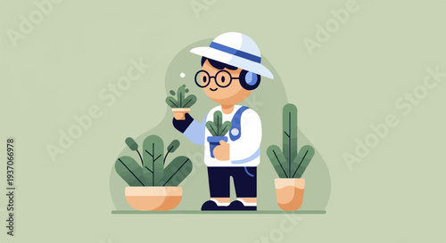 A person in a hat and glasses tending to small plants in pots