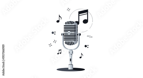 Vintage silver condenser microphone with musical notes on white.