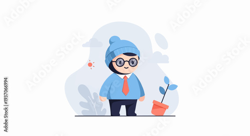 A cheerful, cartoonish person wearing a blue hat and tie, stands next to a potted plant