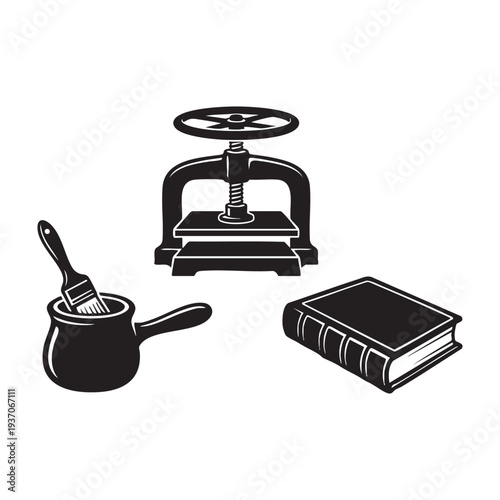 Antique Bookbinding Iron Press Glue Pot and Leather Book Silhouette Set