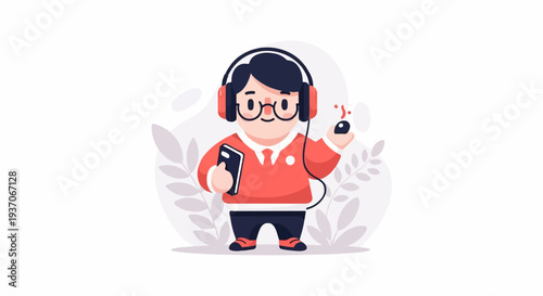 Cheerful cartoon character with headphones holds smartphone and mouse