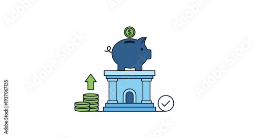 Blue piggy bank on bank structure with green coins and arrow.