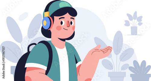 Young person with headphones and backpack, surrounded by stylized plants, offers a hand