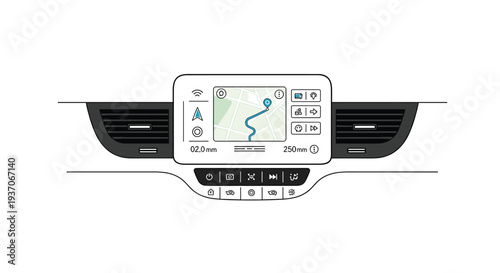 Car dashboard with navigation screen and media controls.