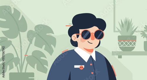 Modern portrait of a person with dark hair, sunglasses, and a blue uniform, amidst lush greenery
