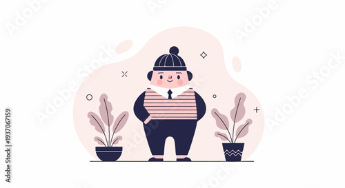 Chubby figure in striped shirt, beanie, stands between potted plants on pink background with abstract shapes