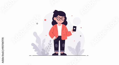 A person in a coral jacket and dark pants holds a phone showing a heart