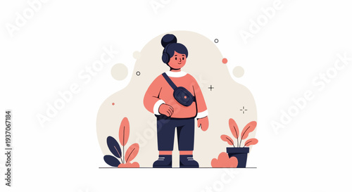 A character in a sweater and fanny pack stands with headphones on, surrounded by plants and abstract shapes