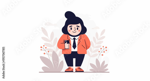 Chubby cartoon person in orange jacket, tie, and dark pants holds a phone